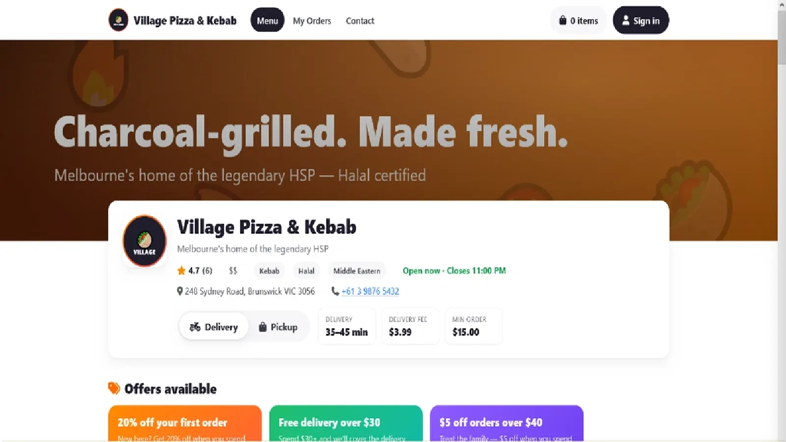 سامانه سفارش آنلاین غذا و دلیوری Village Pizza & Kebab (ملبورن - استرالیا)